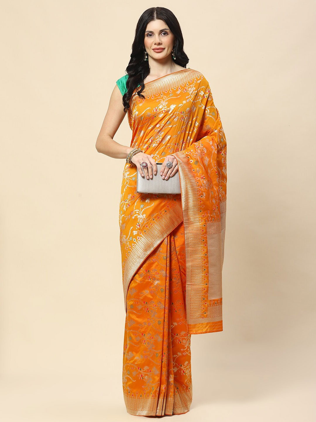 

Meena Bazaar Floral Woven Design Art Silk Saree, Mustard
