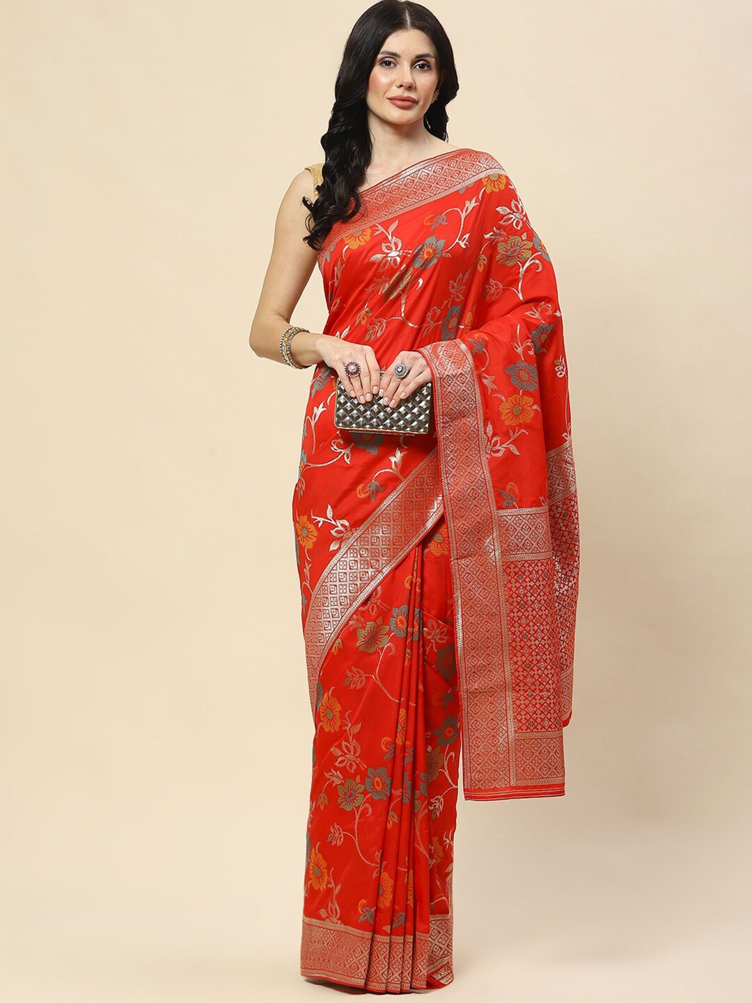 

Meena Bazaar Floral Woven Design Banarasi Art Silk Saree, Red