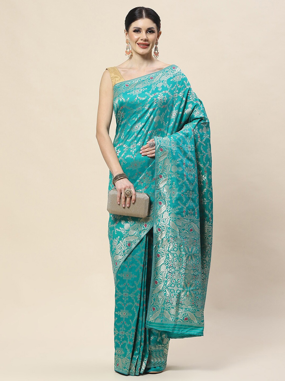 

Meena Bazaar Woven Design Zari Banarasi Saree, Sea green