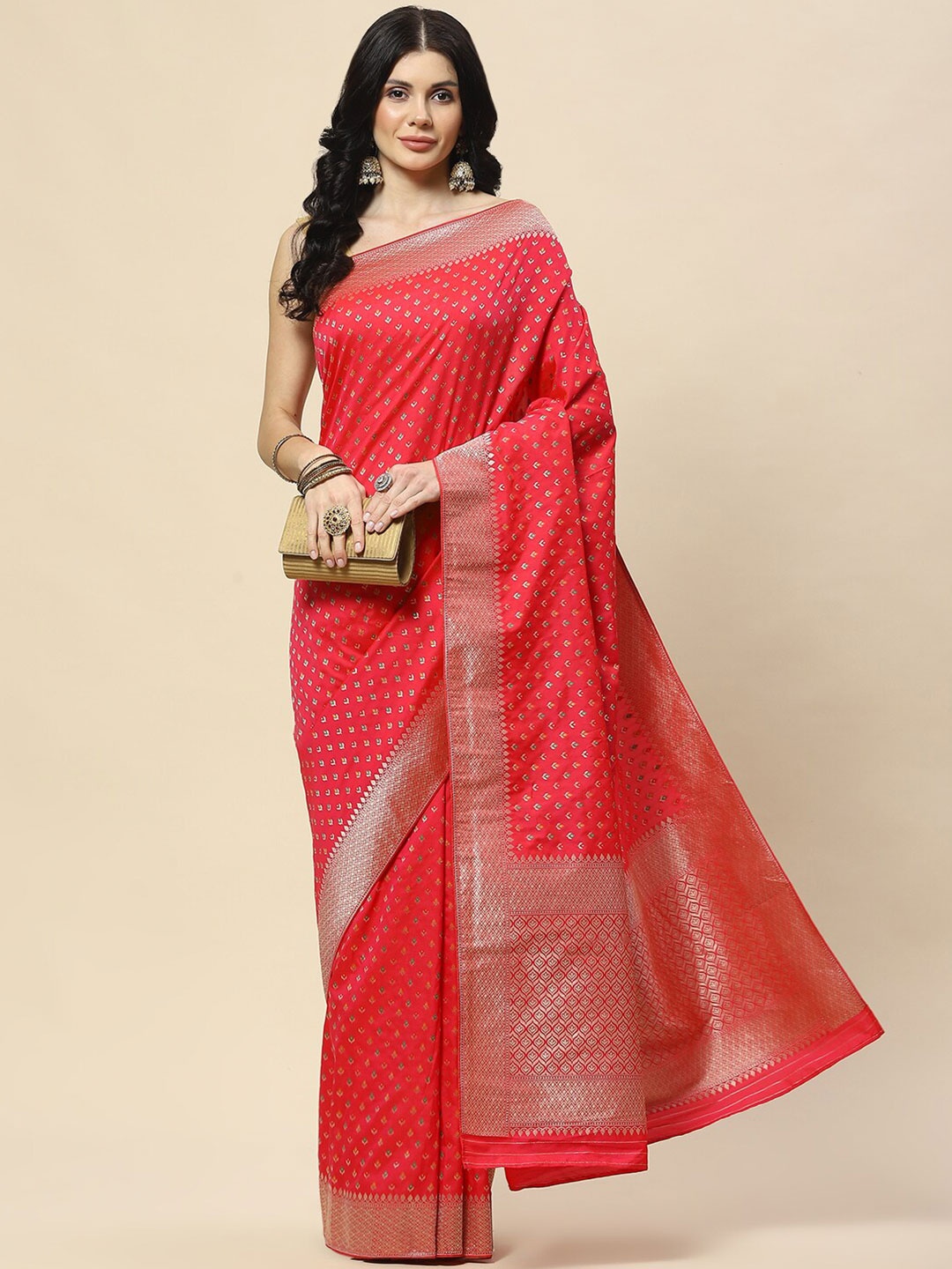 

Meena Bazaar Ethnic Motifs Woven Design Zari Banarasi Saree, Pink