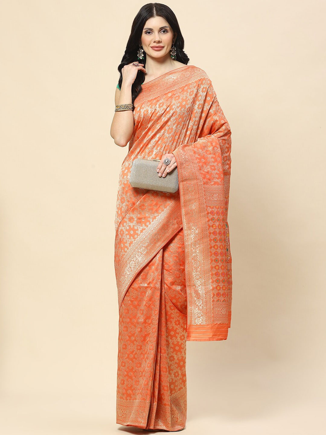 

Meena Bazaar Ethnic Motif Woven Design Art Silk Saree, Rust