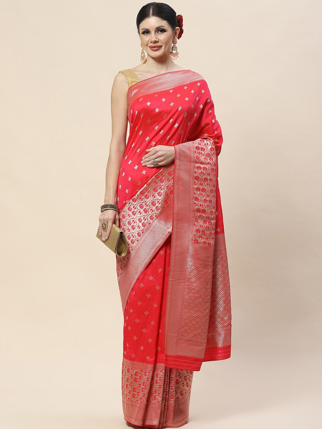 

Meena Bazaar Ethnic Motifs Woven Design Zari Banarasi Saree, Pink