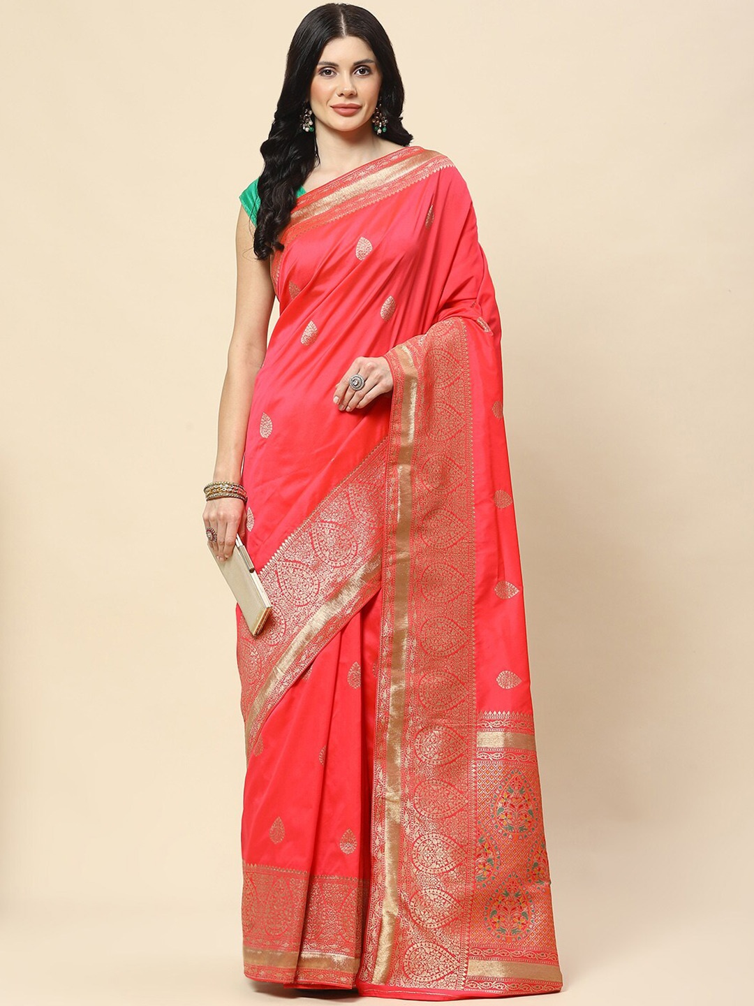

Meena Bazaar Woven Design Ethnic Motifs Zari Saree, Coral