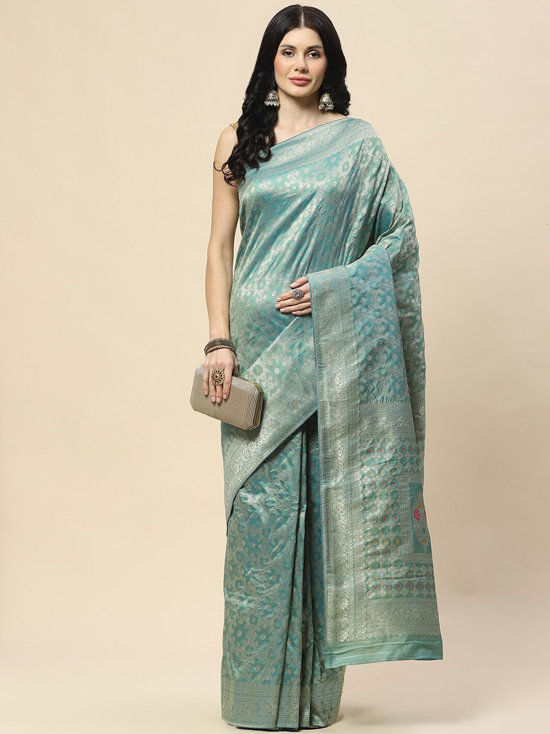 

Meena Bazaar Ethnic Motifs Woven Design Zari Banarasi Saree, Sea green