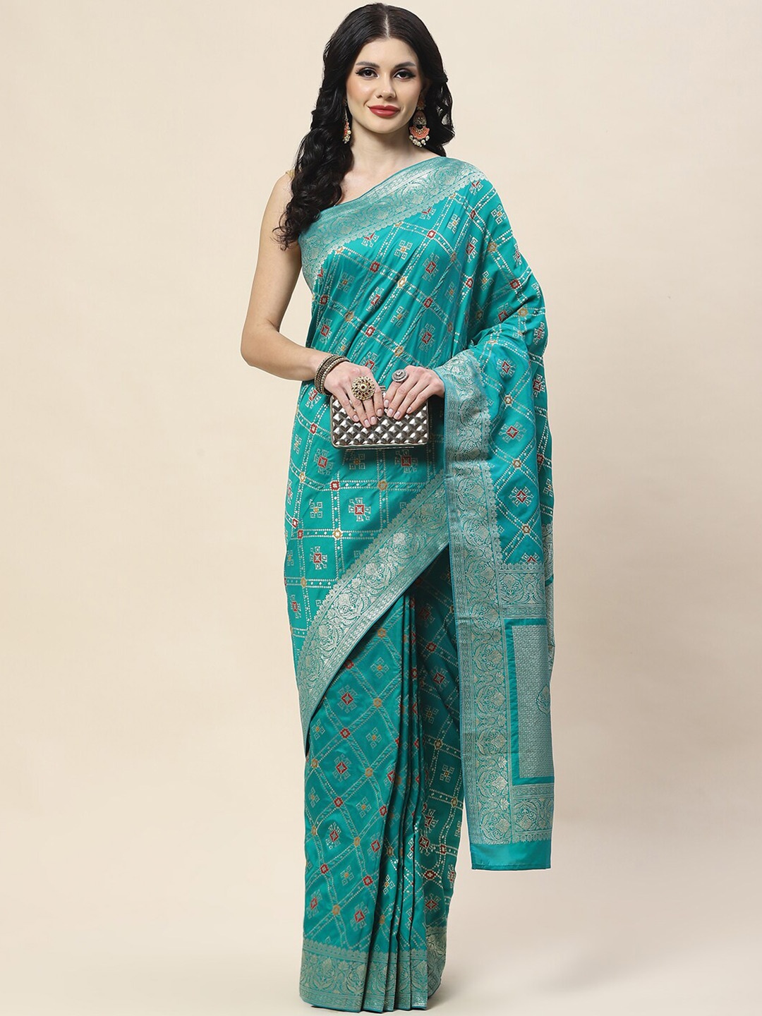 

Meena Bazaar Floral Woven Design Art Silk Saree, Sea green