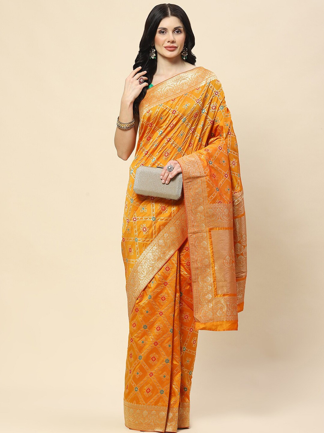 

Meena Bazaar Woven Design Ethnic Motifs Zari Banarasi Saree, Orange