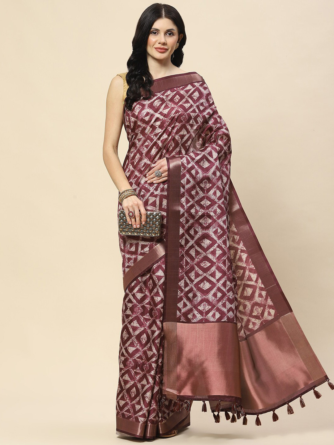

Meena Bazaar Geometric Printed Zari Tussar Saree, Burgundy