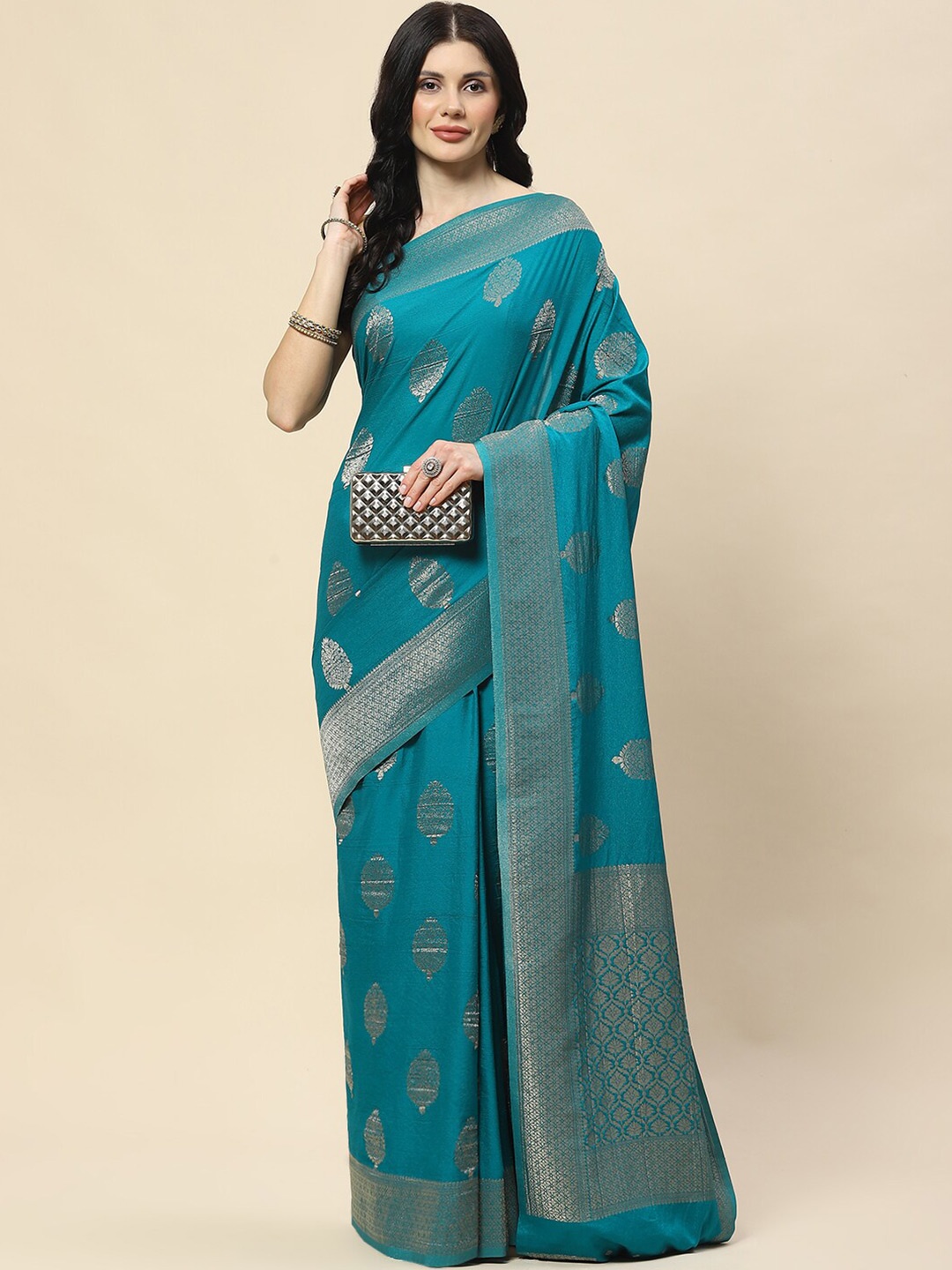 

Meena Bazaar Woven Design Ethnic Motifs Zari Tussar Saree, Green