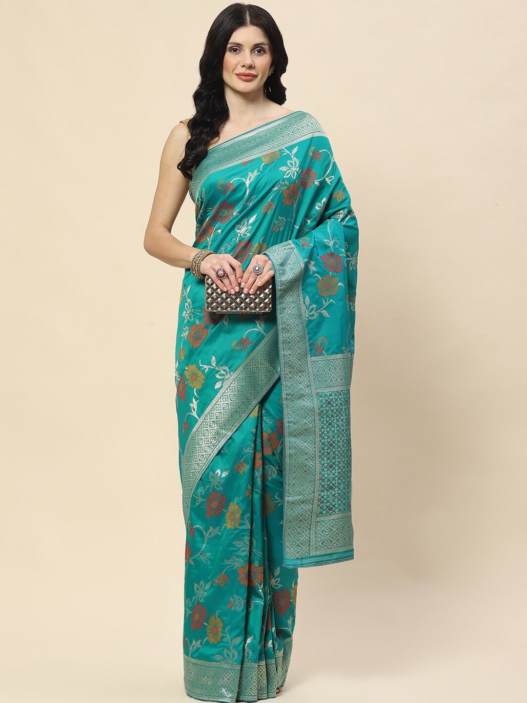 

Meena Bazaar Woven Design Floral Zari Banarasi Saree, Sea green