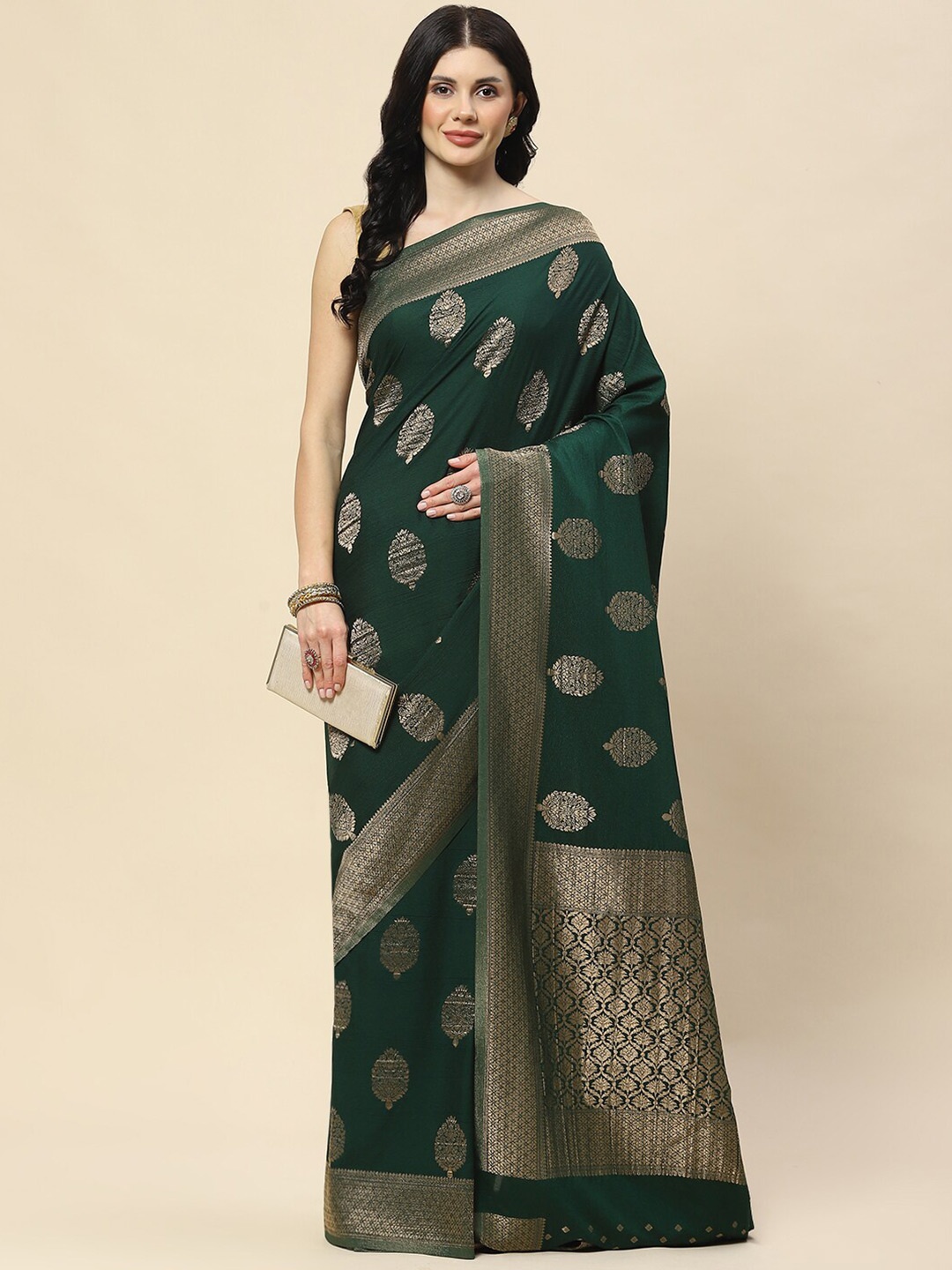 

Meena Bazaar Woven Design Zari Tussar Saree, Green
