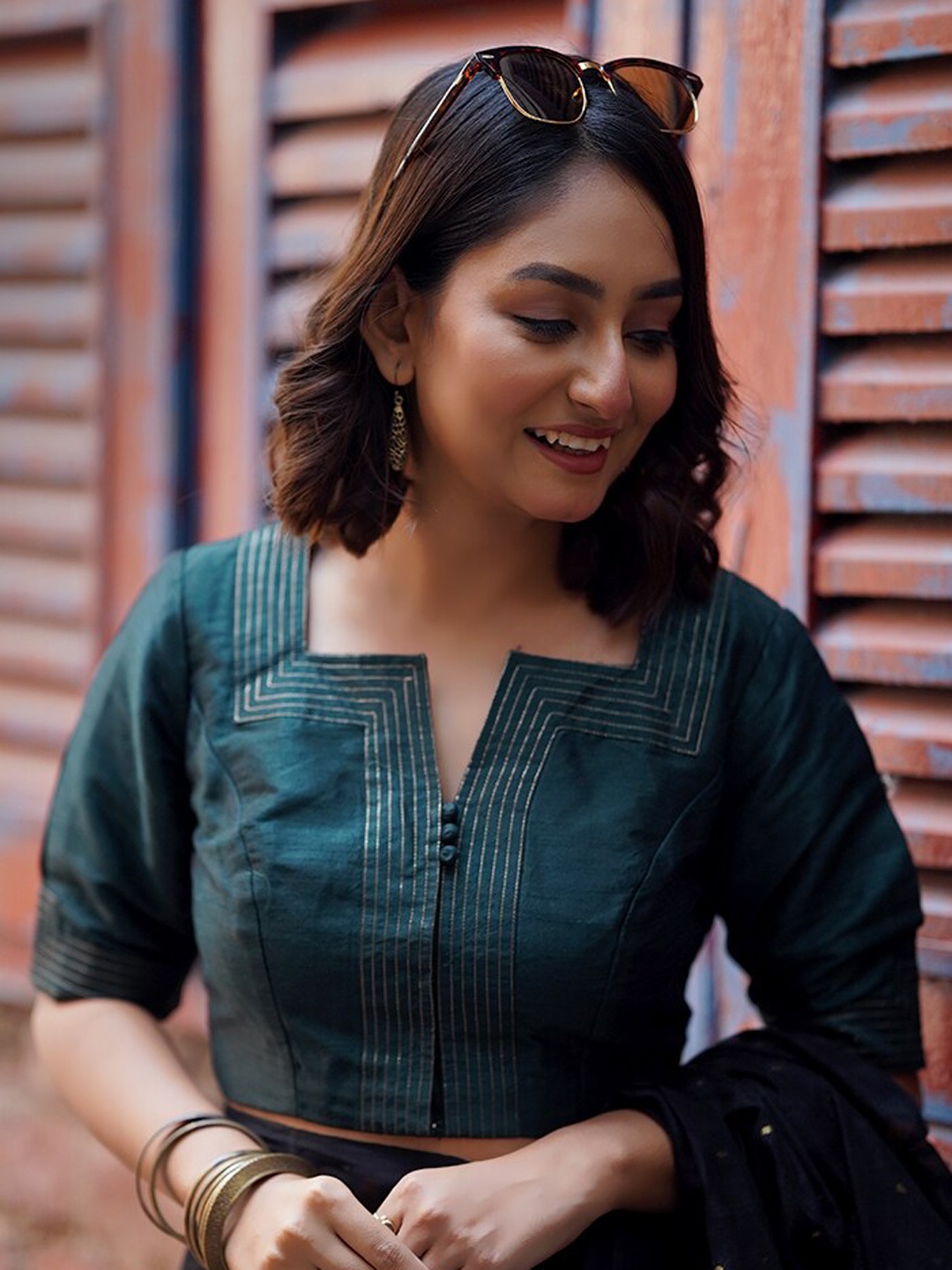 

AllSilks Printed Square Neck Saree Blouse, Green