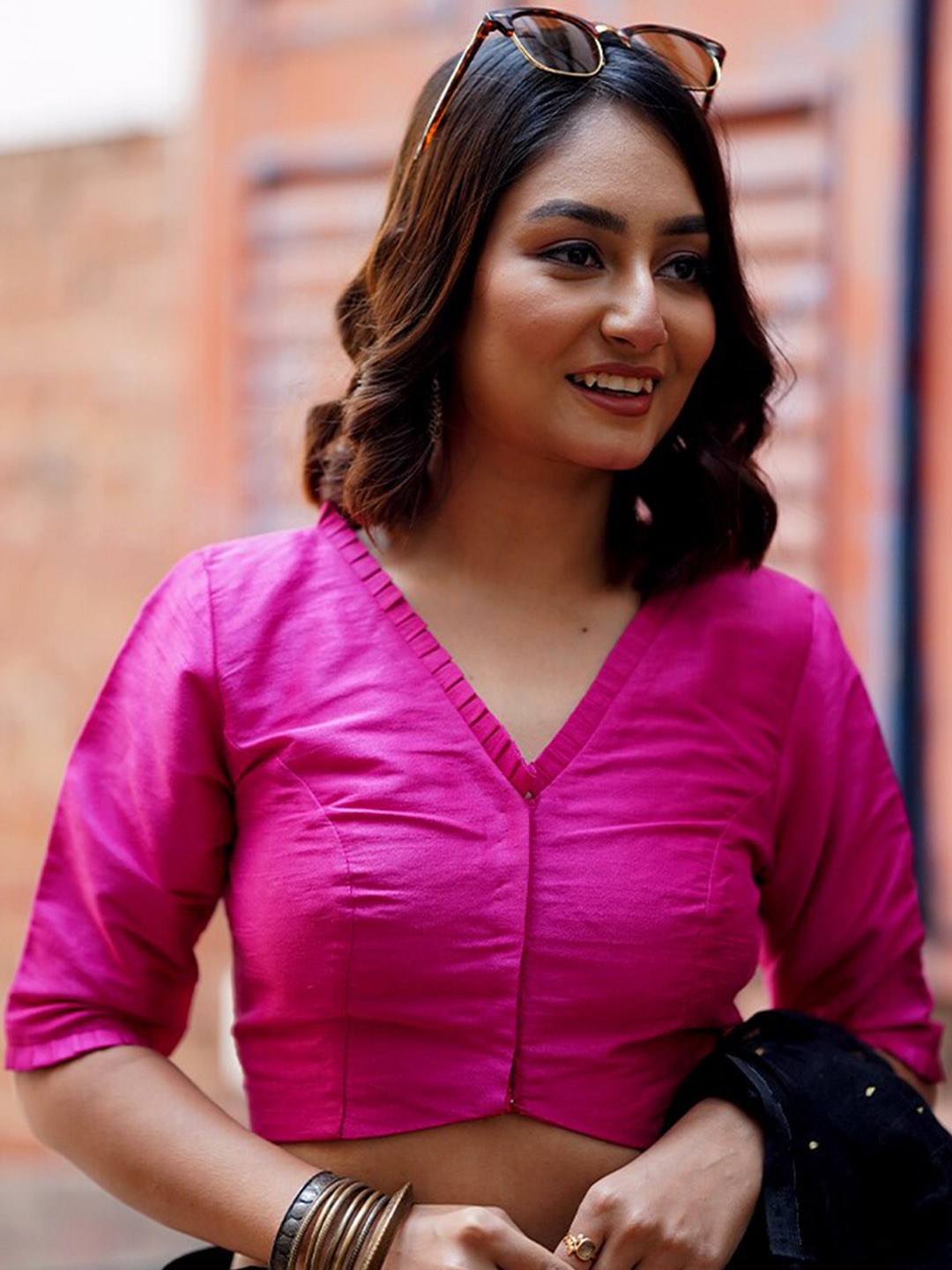 

AllSilks V-Neck Dupion Silk Saree Blouse, Pink