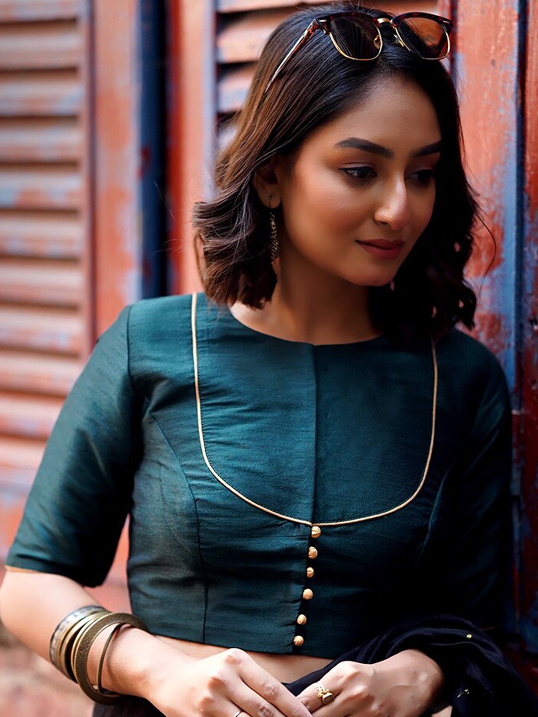

AllSilks Round Neck Short Sleeves Silk Saree Blouse, Green