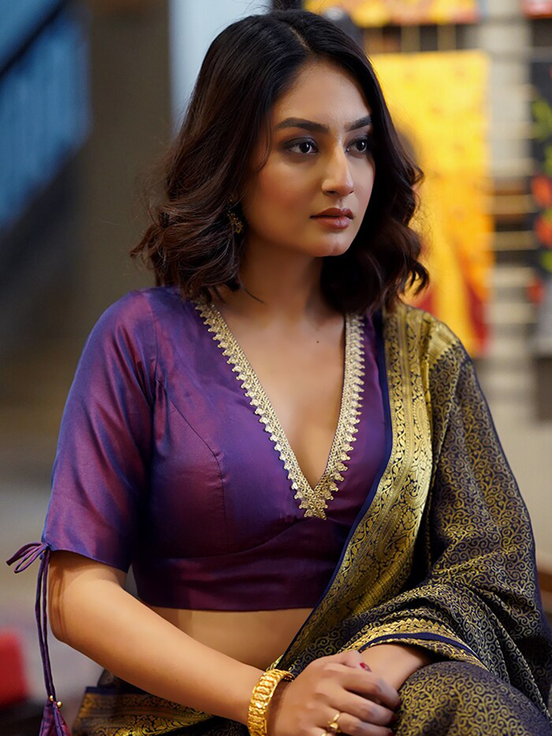 

AllSilks V-Neck Lace Detail Saree Blouse, Purple