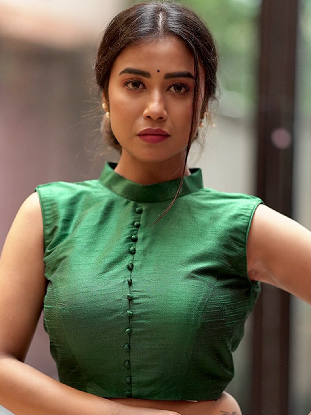 

AllSilks Mandarin Collar Silk Saree Blouse, Green