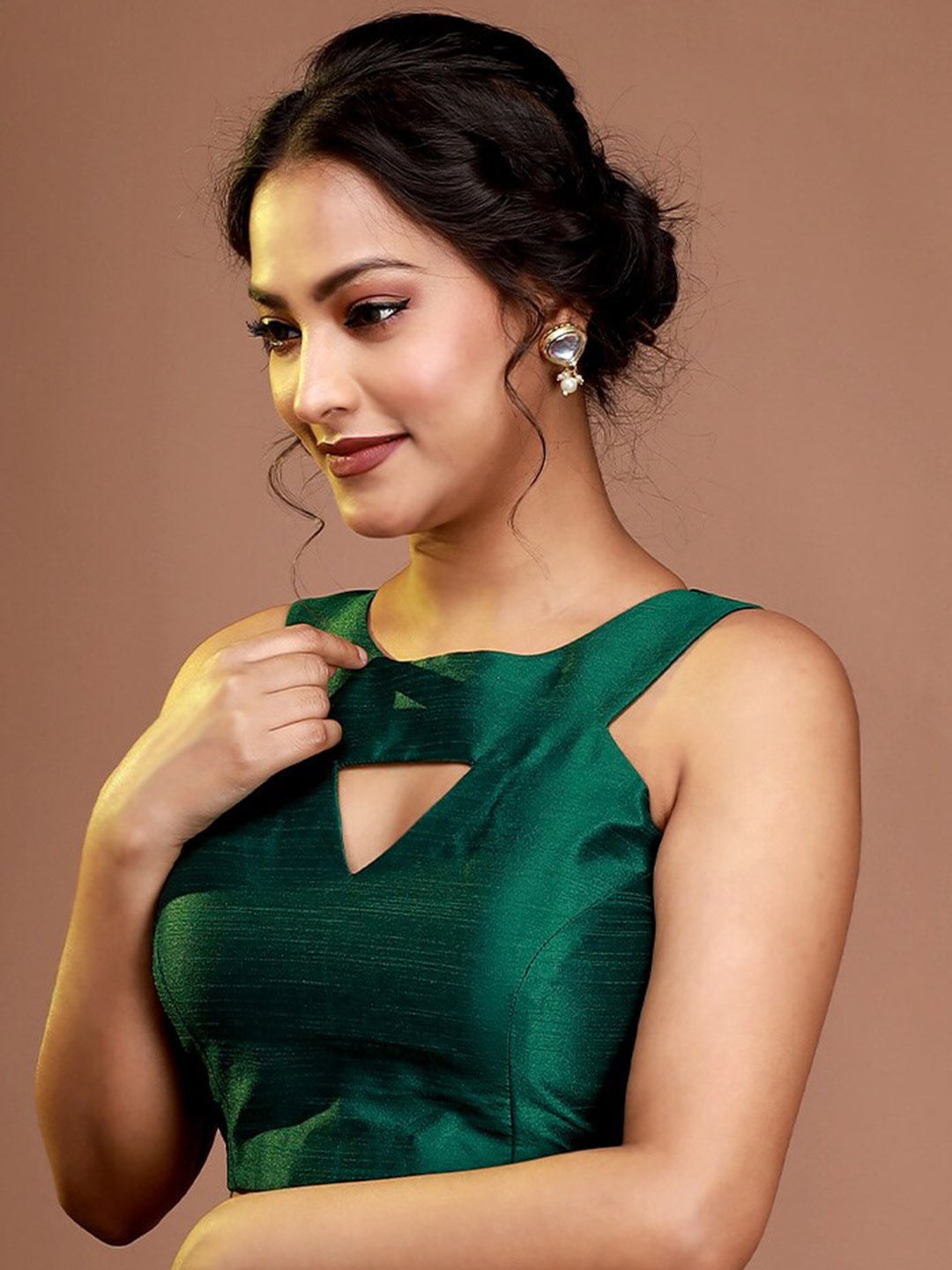 

AllSilks Cut-Out Detailed Silk Padded Saree Blouse, Green