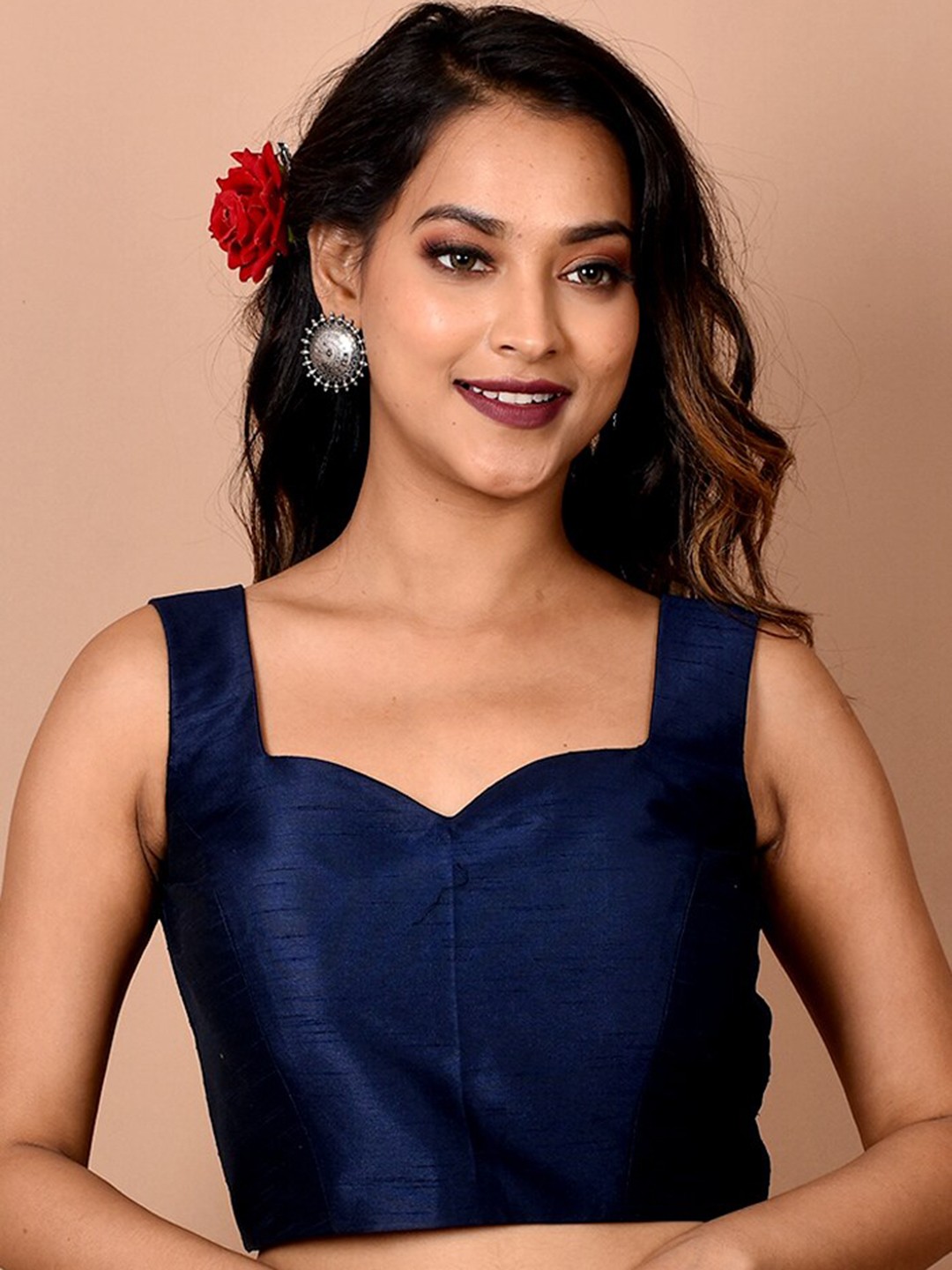 

AllSilks Sweetheart Neck Silk Padded Saree Blouse, Navy blue