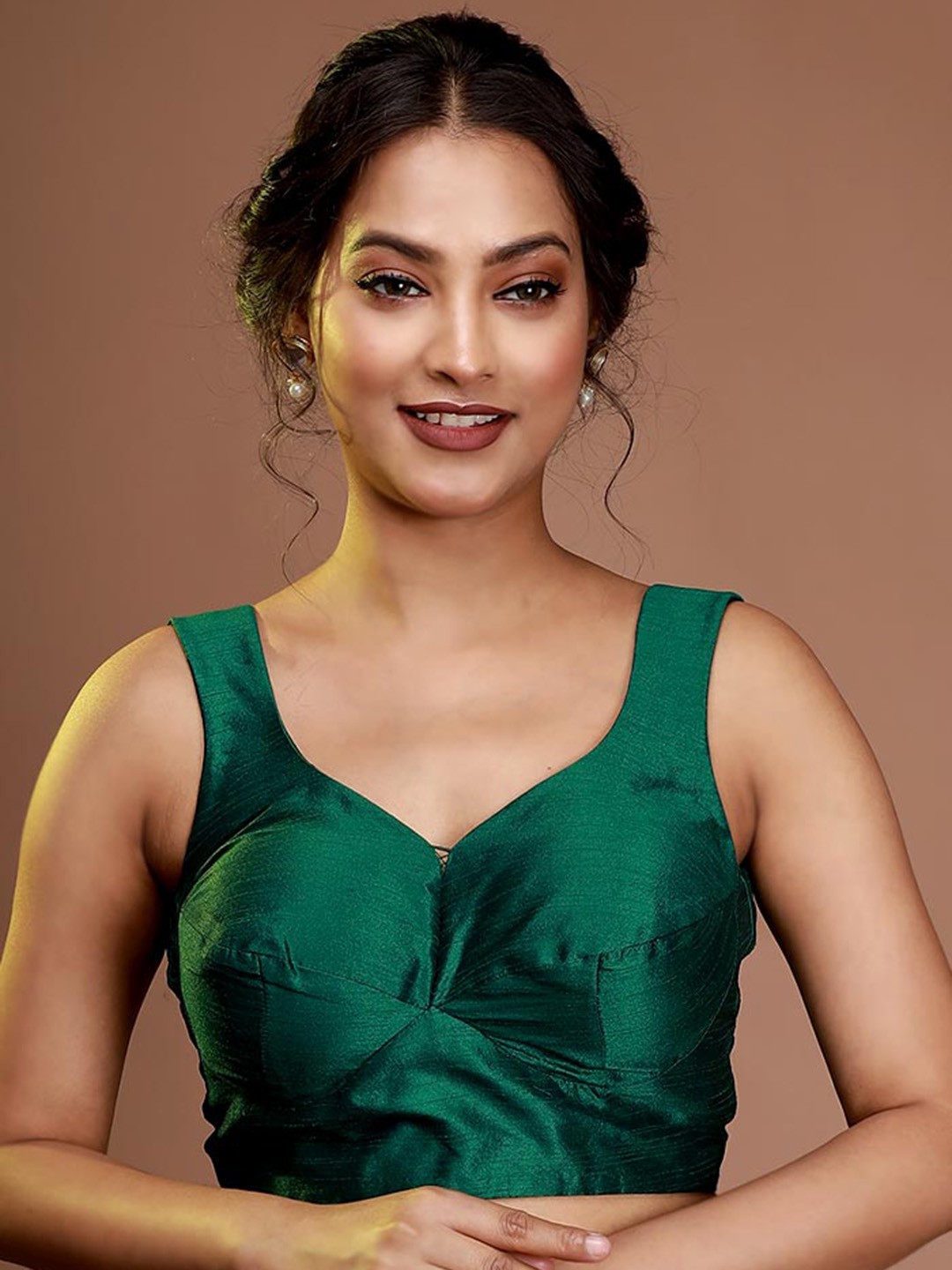 

AllSilks V-Neck Sleeveless Silk Saree Blouse, Green
