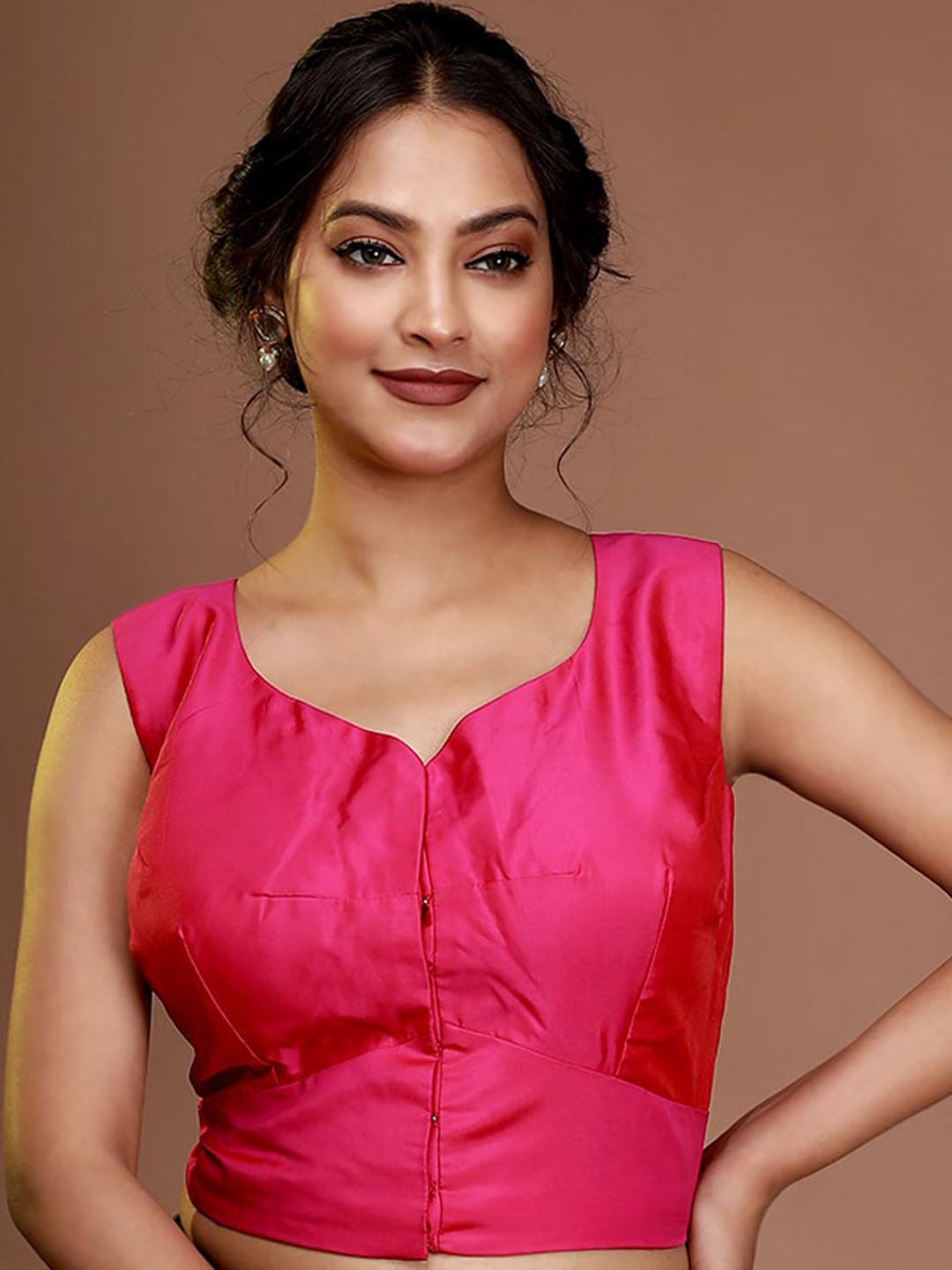 

AllSilks Sweetheart Neck Sleeveless Silk Padded Saree Blouse, Pink