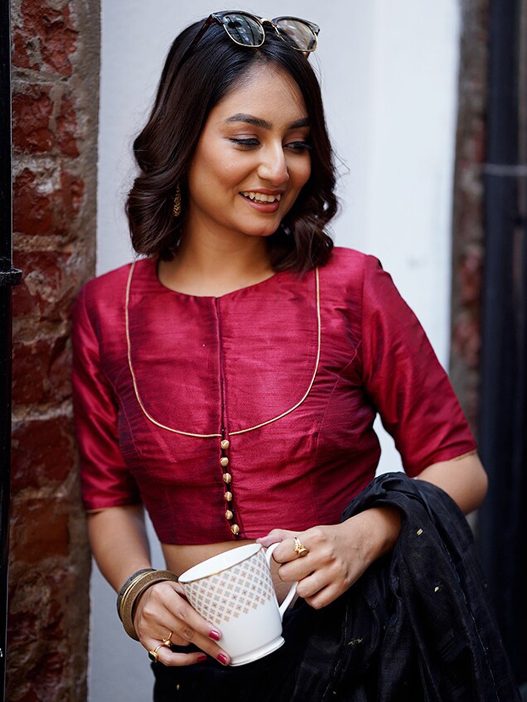 

AllSilks Round Neck Short Sleeves Silk Saree Blouse, Maroon