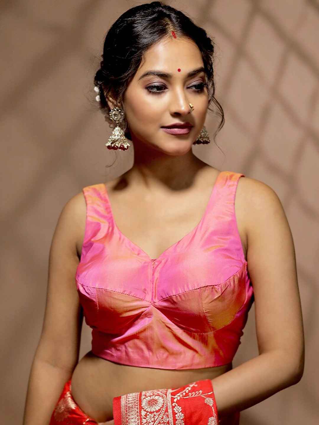 

AllSilks V-Neck Sleeveless Pure Silk Saree Blouse, Pink
