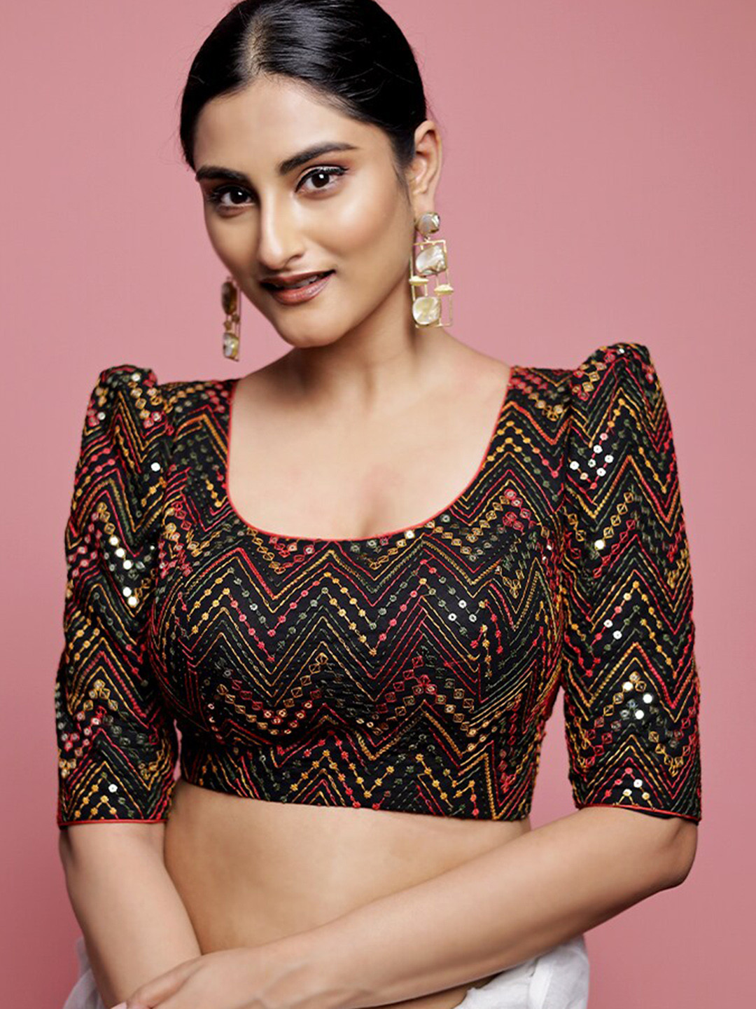 

AllSilks Sequined Embroidered Puff Sleeves Silk Padded Saree Blouse, Black