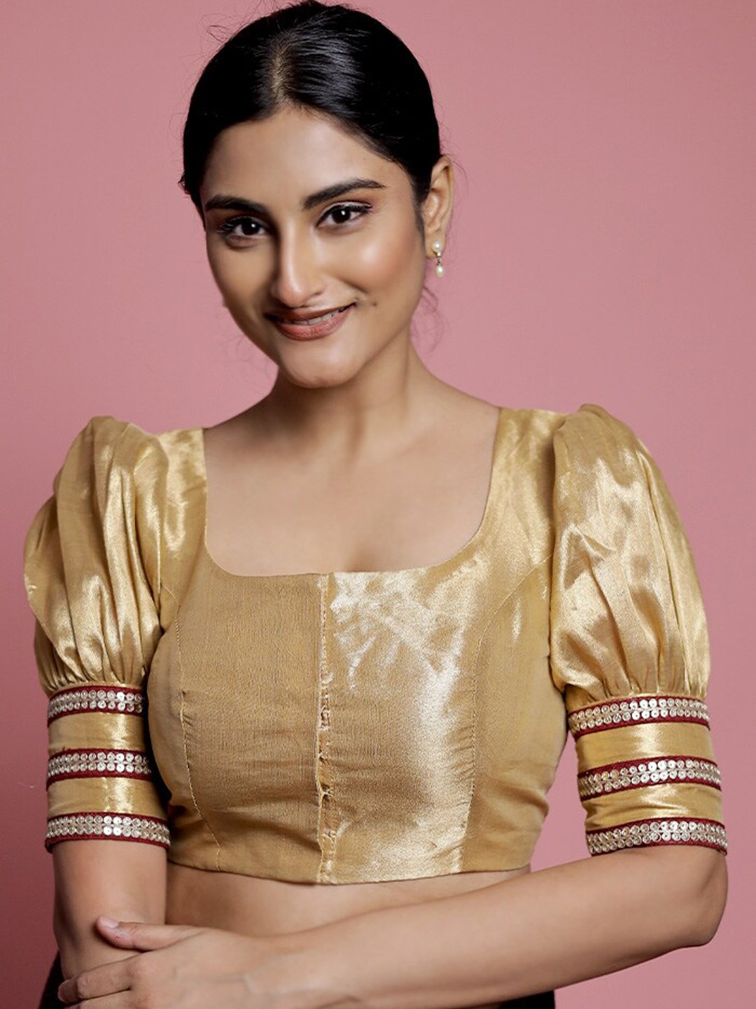 

AllSilks Square Neck Sequinned Silk Saree Blouse, Gold