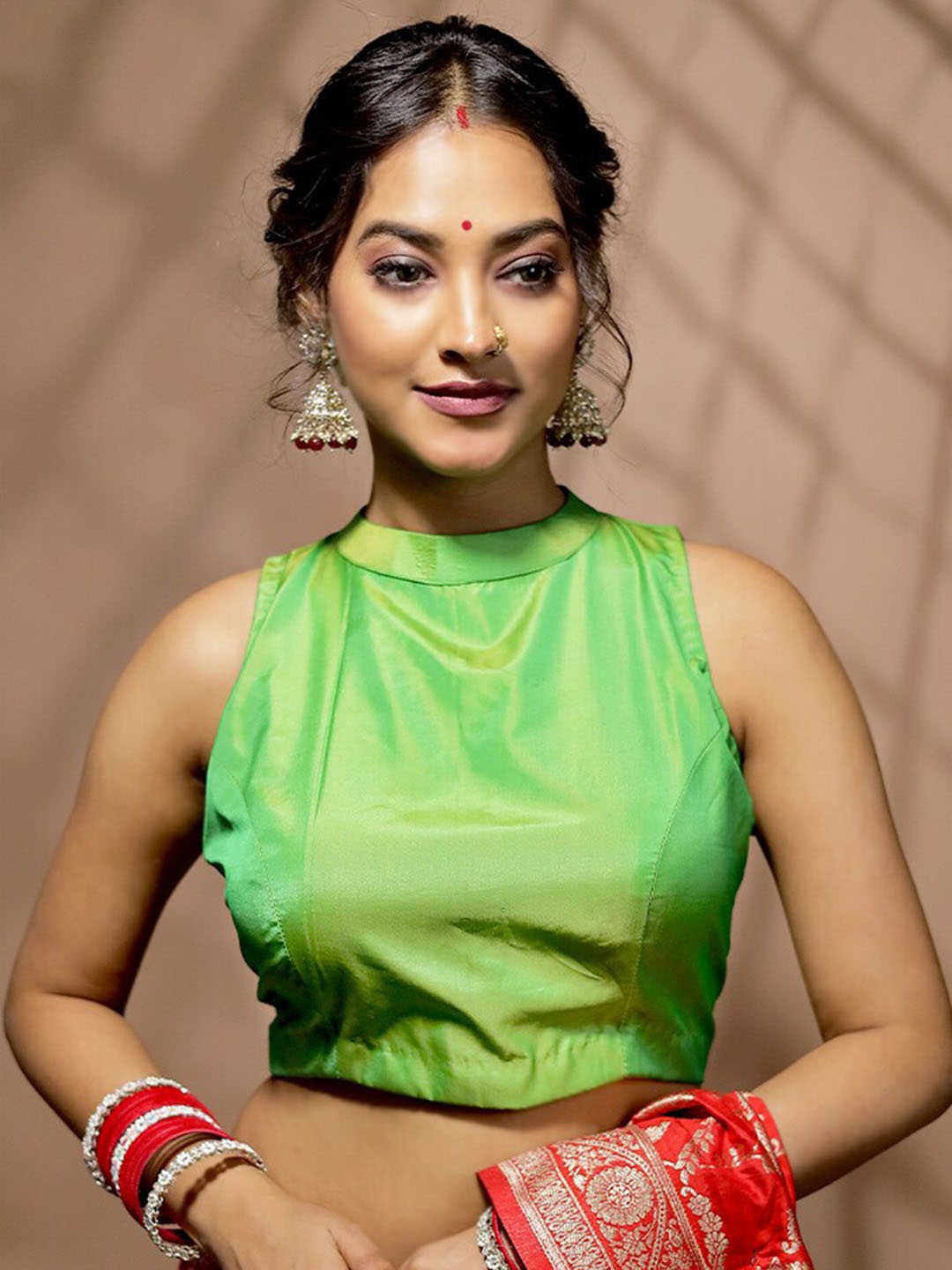 

AllSilks High Neck Sleeveless Pure Silk Saree Blouse, Green