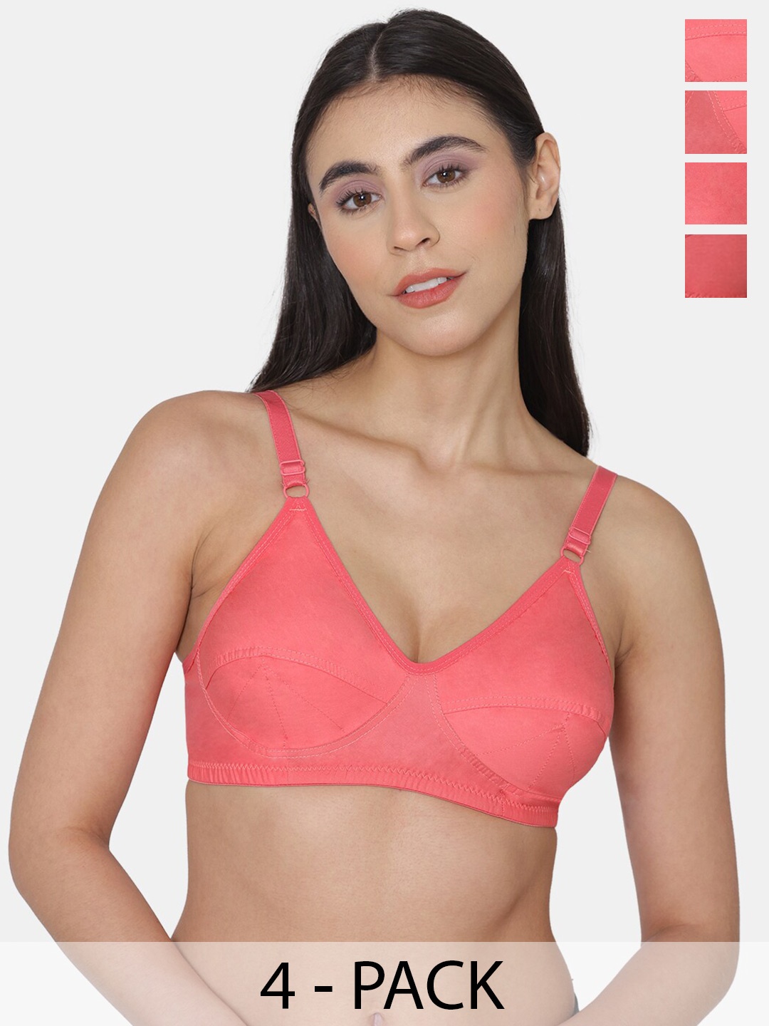 

KOMLI Pack Of 4 Minimiser Super Non Padded Cotton Bras, Coral