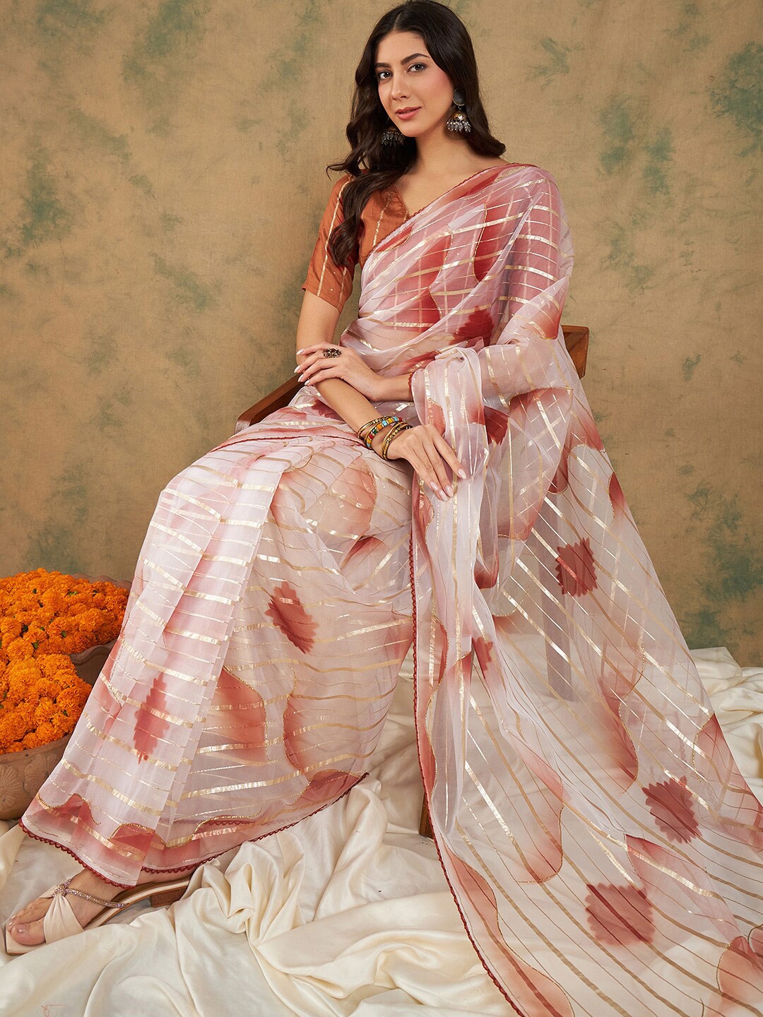 

Sangria Woven Design Organza Sarees, Rust