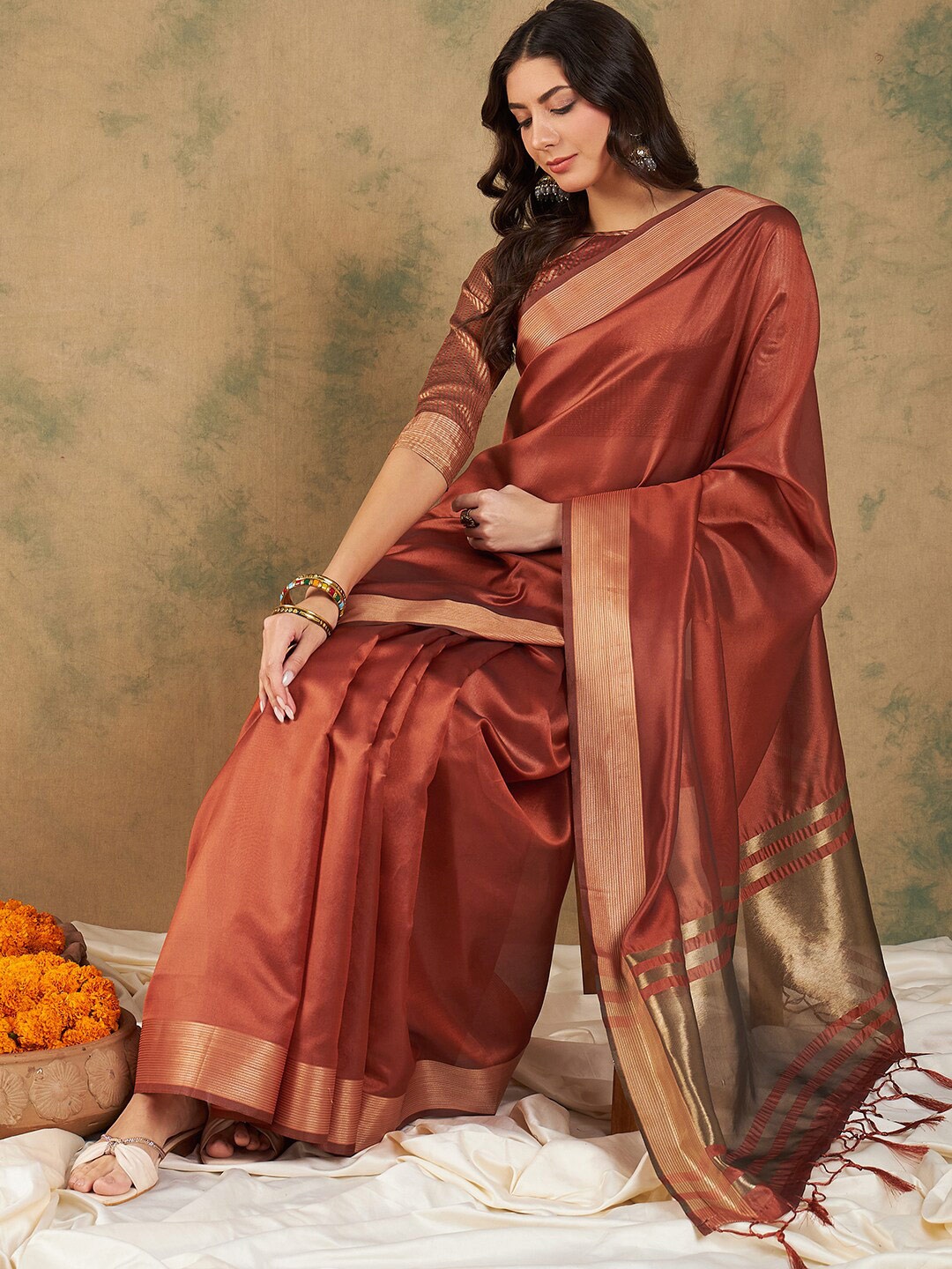 

Sangria Woven Design Organza Sarees, Rust