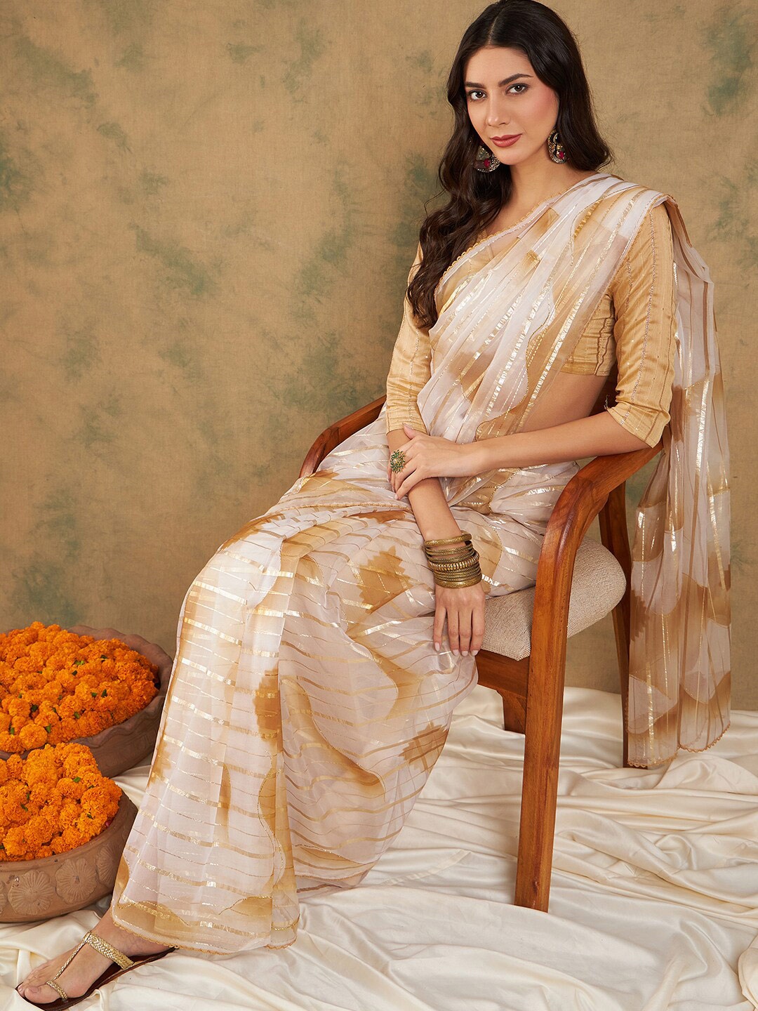 

Sangria Woven Design Organza Sarees, Beige