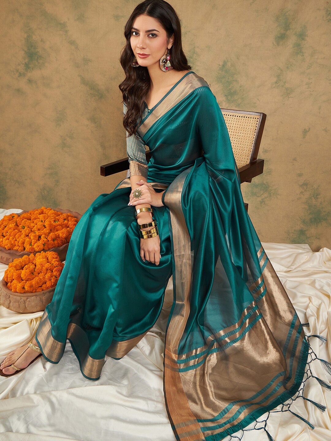 

Sangria Organza Zari Kanjeevaram Saree, Teal