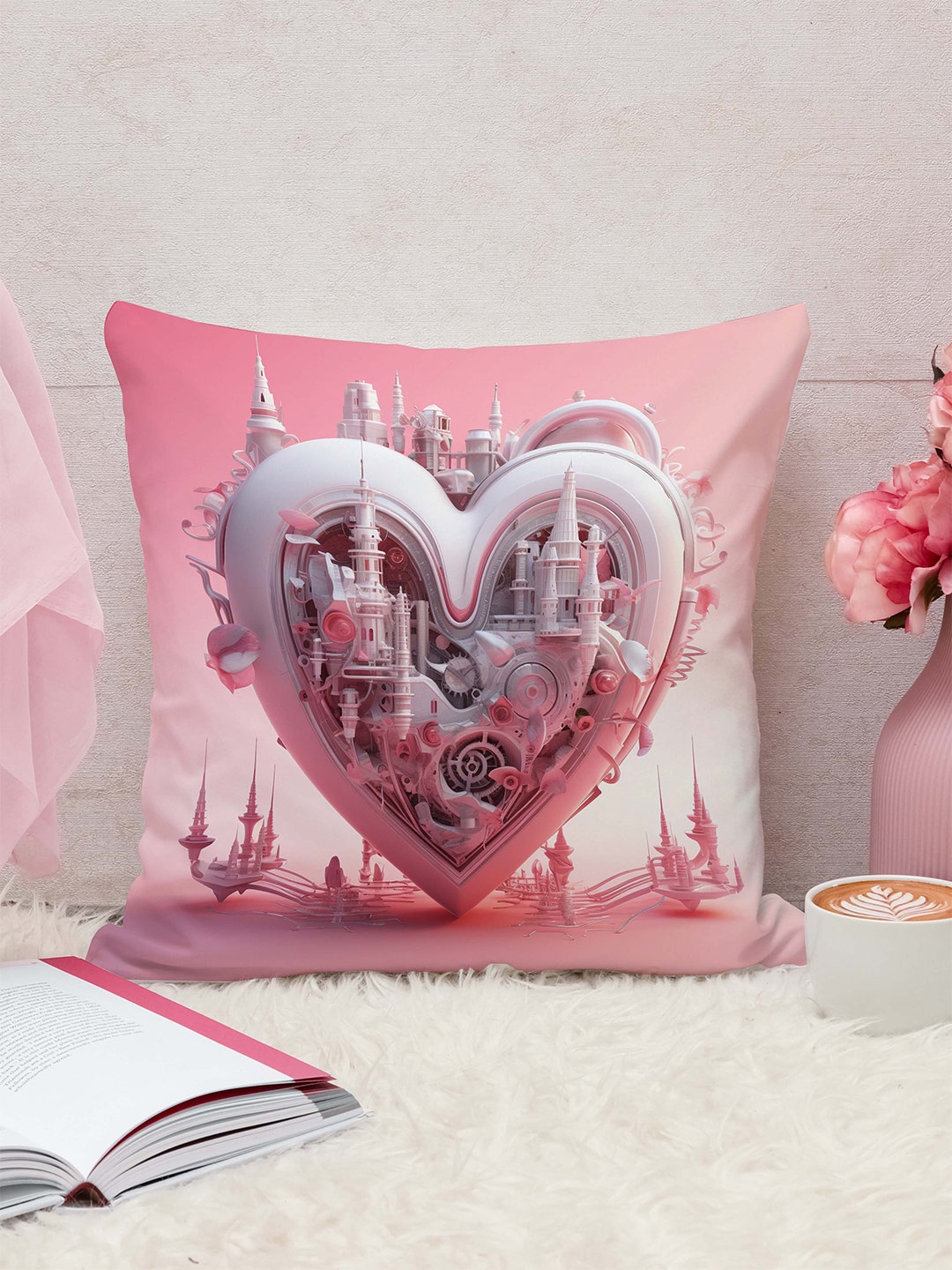 

STITCHNEST Pink & White Abstract Printed Jute Cotton Square Cushion Cover