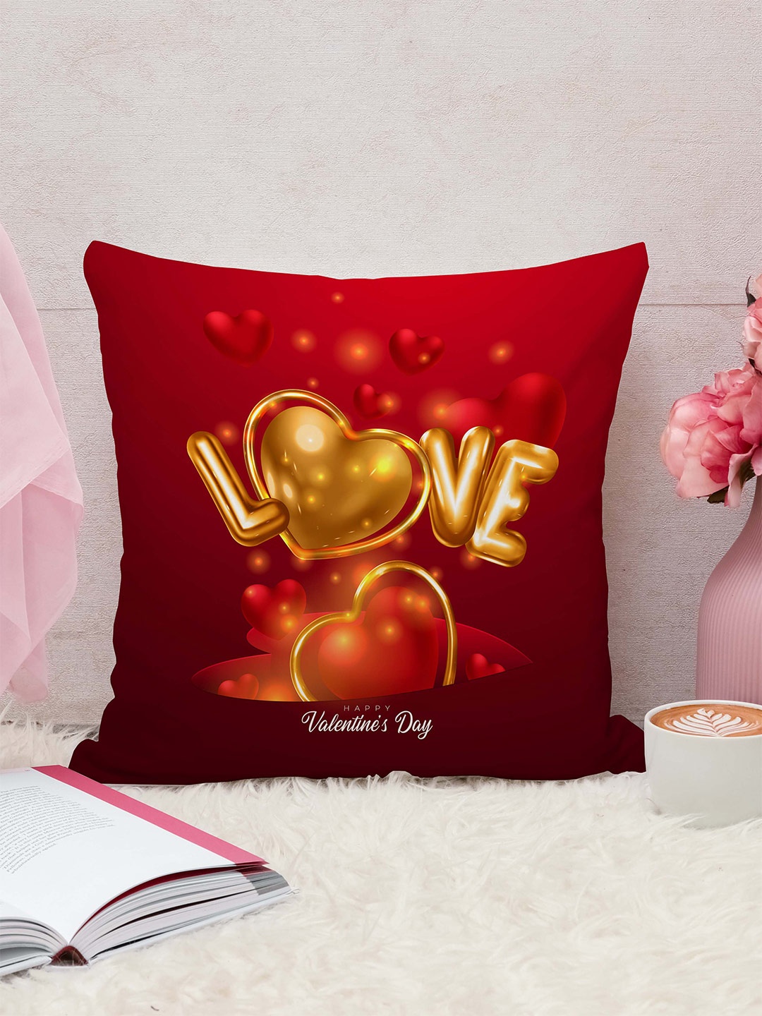 

STITCHNEST Red & Gold Toned Square Cushion Cover