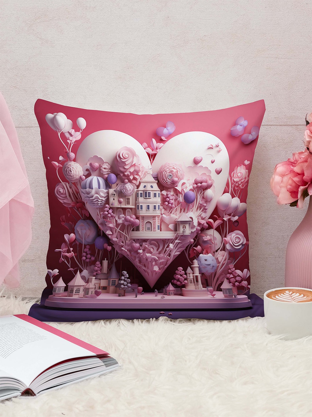

STITCHNEST White & Pink Square Cushion Cover