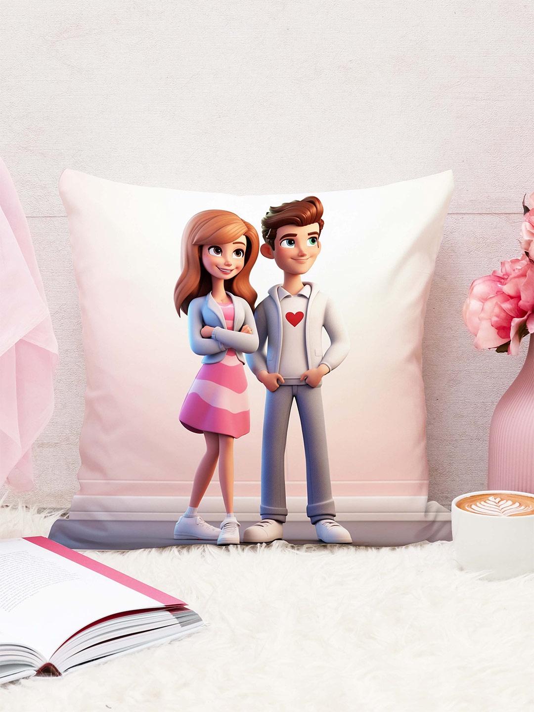 

STITCHNEST Off White & Pink Cartoon Characters Jute Cotton Square Cushion Cover