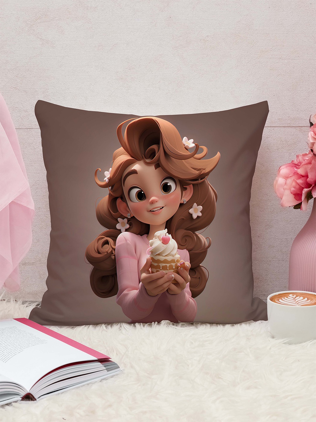

STITCHNEST Brown & Pink Cartoon Characters Jute Cotton Square Cushion Cover