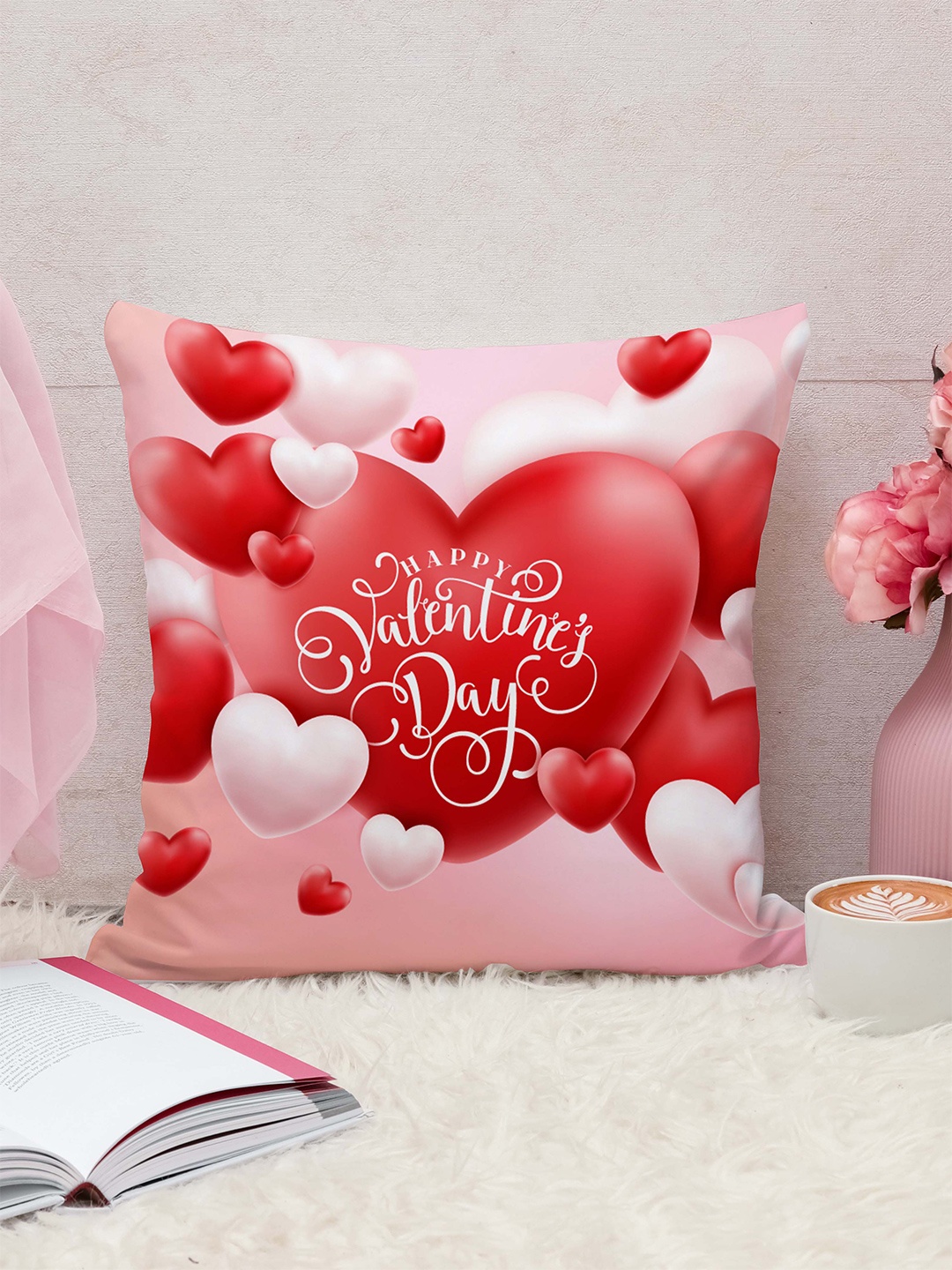 

STITCHNEST White & Red Square Cushion Cover, Pink