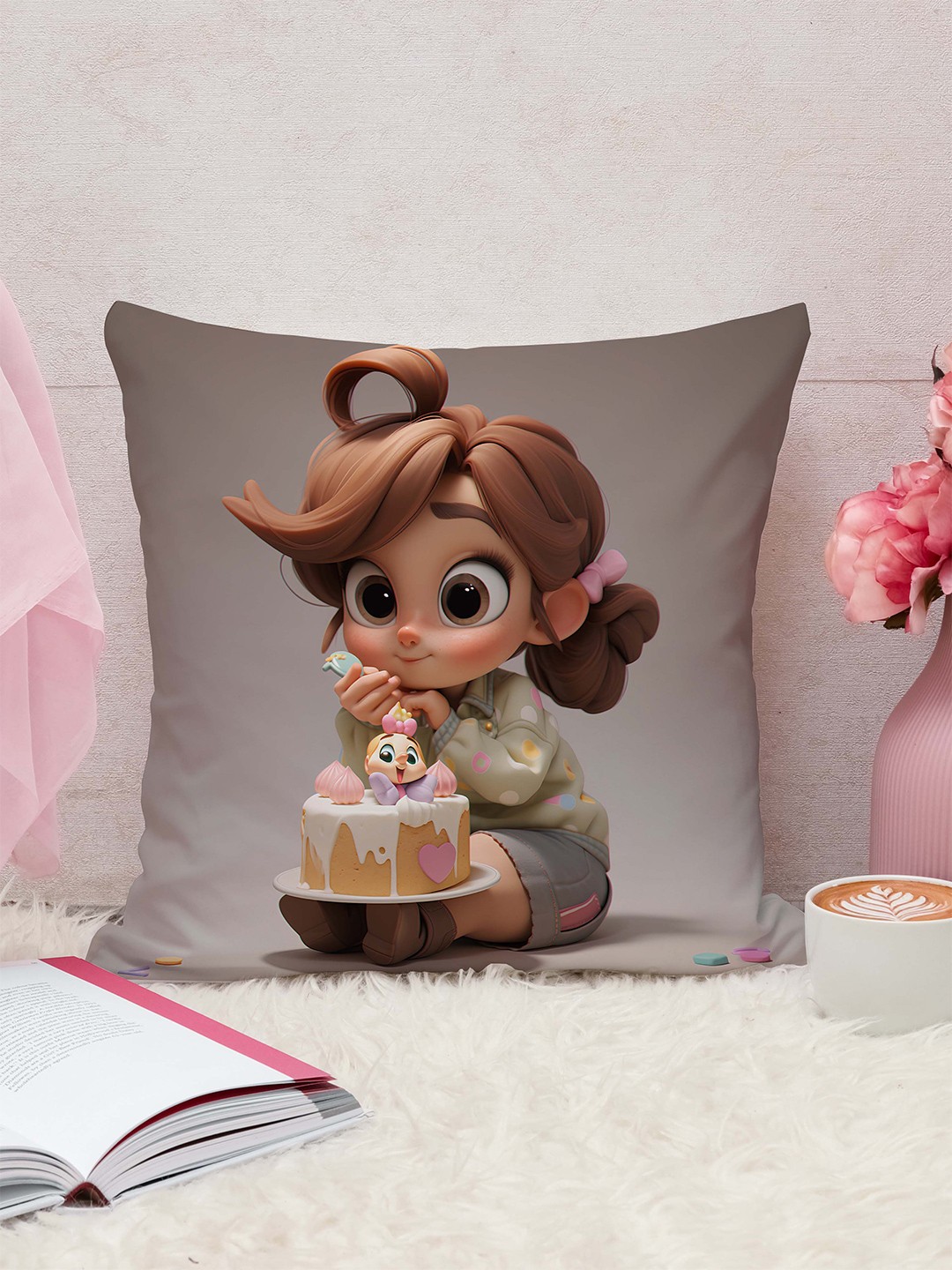 

STITCHNEST Grey & Brown Cartoon Characters Jute Cotton Square Cushion Cover