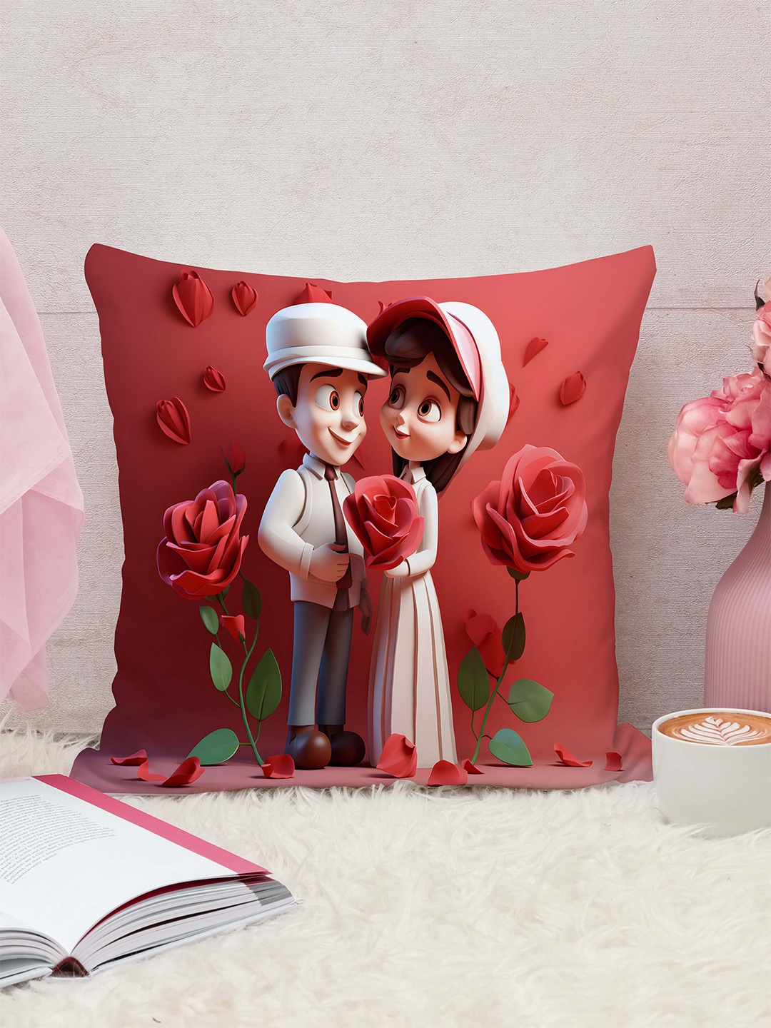 

STITCHNEST White & Red Square Cushion Cover