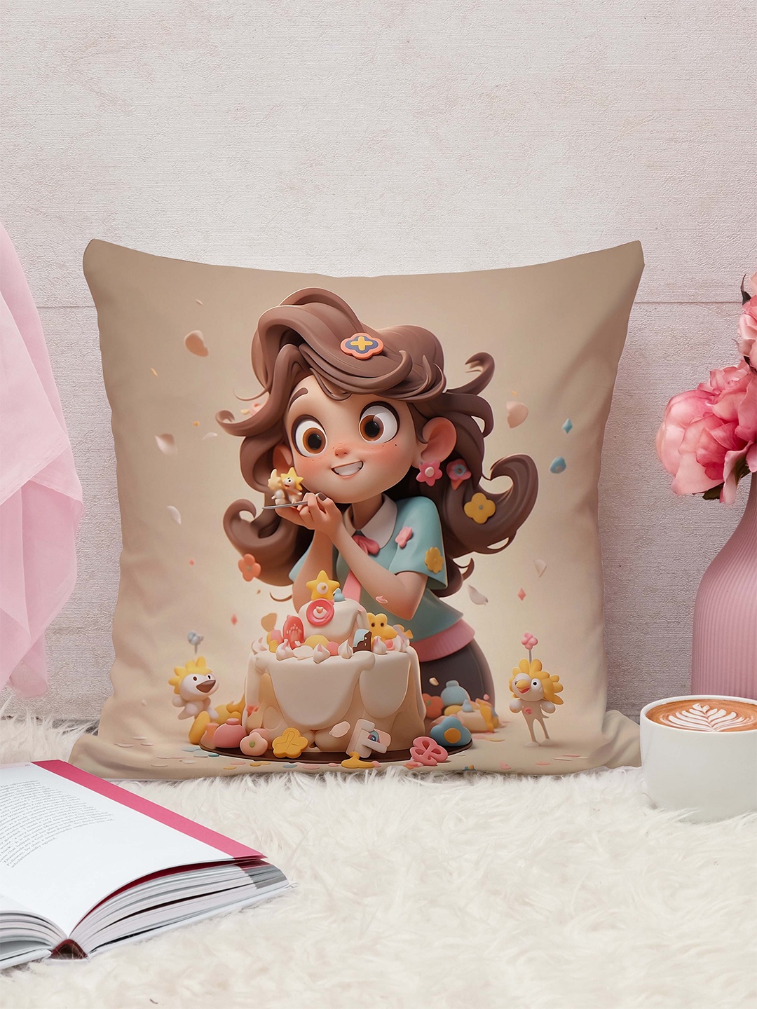 

STITCHNEST Brown & Beige Cartoon Characters Jute Cotton Square Cushion Cover