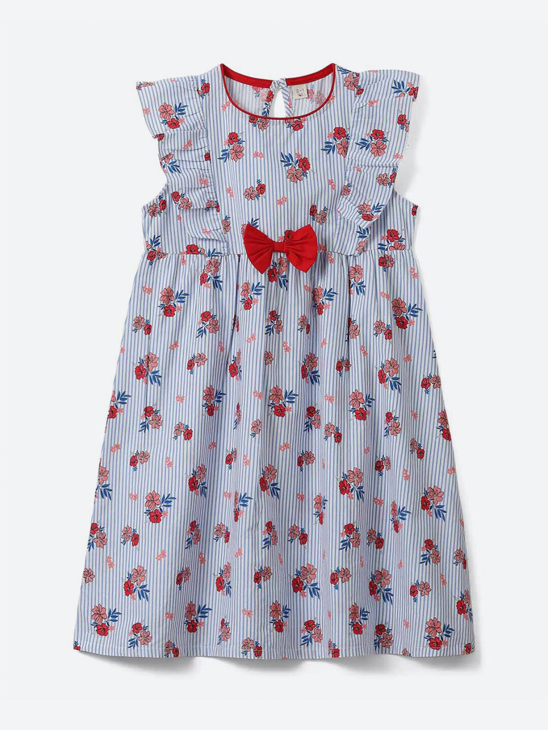 

2Bme Girls Floral Print Round Neck Cotton Dress, Off white