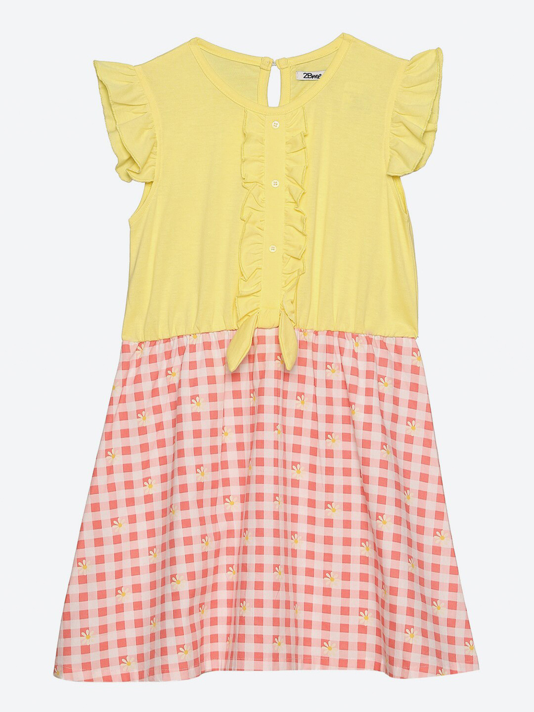

2Bme Girls Checked Print Round Neck Cotton Dress, Yellow