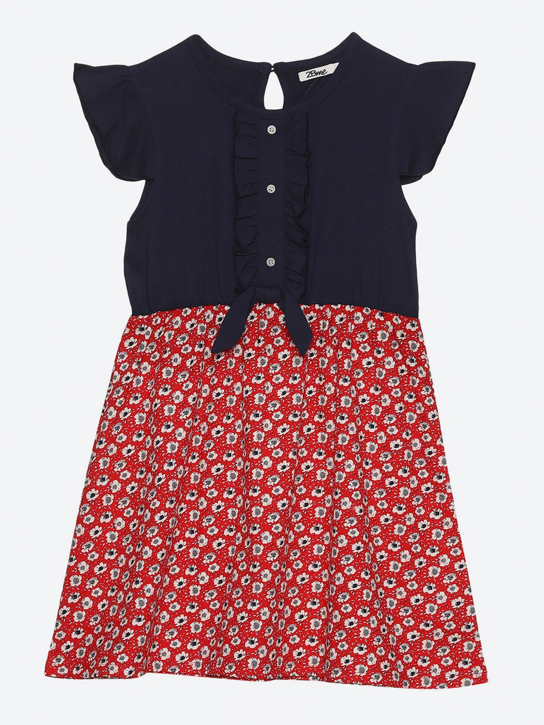 

2Bme Girls Floral Print Round Neck Cotton Dress, Red
