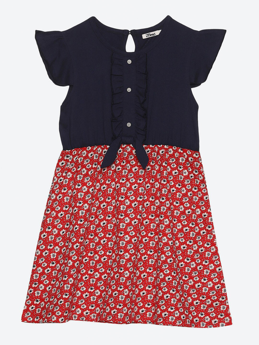 

2Bme Girls Floral Print Round Neck Cotton Dress, Red