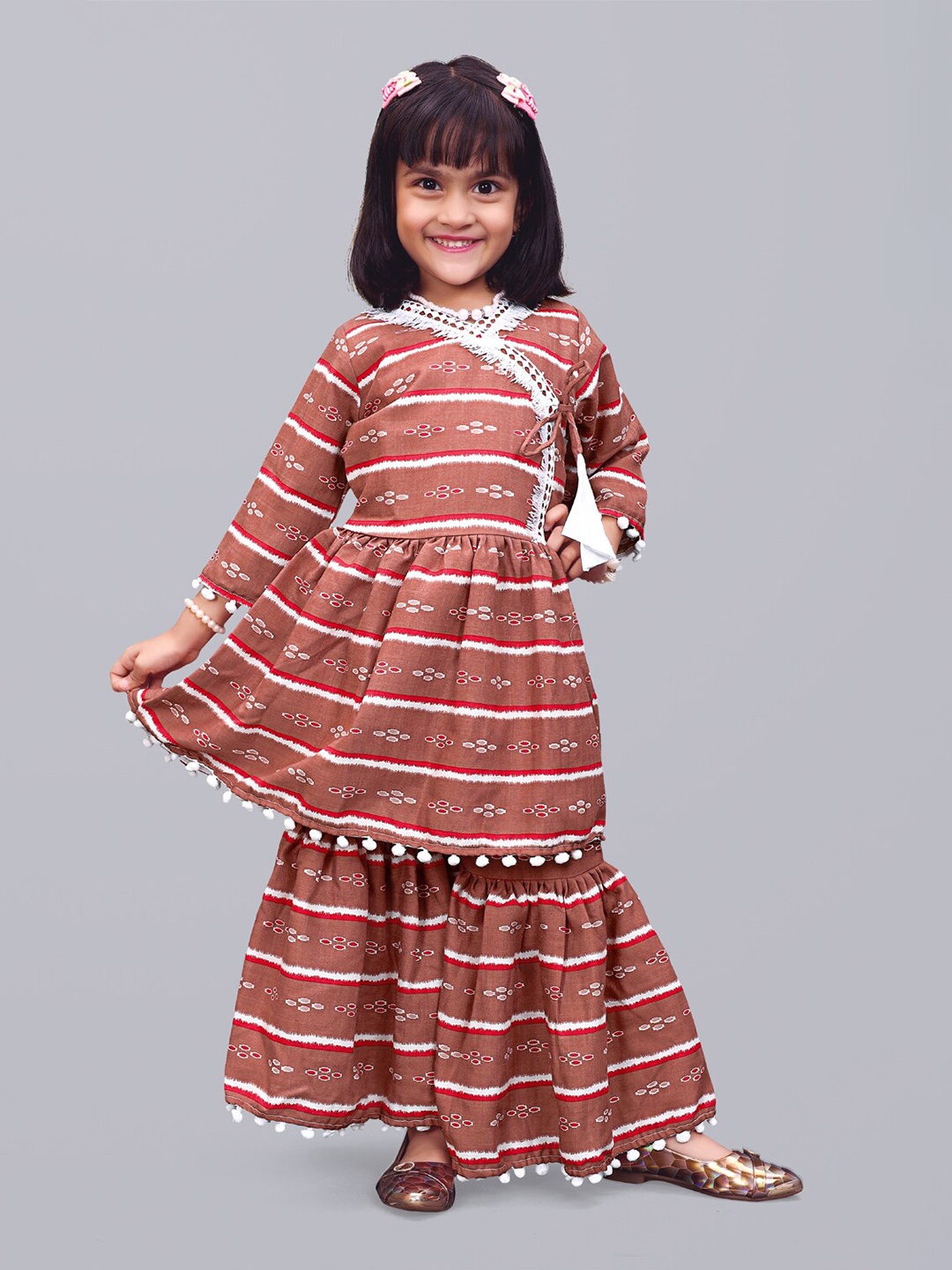 

BAESD Girls Ethnic Motifs Printed V-Neck Pure Cotton Anarkali Kurta With Sharara, Rust