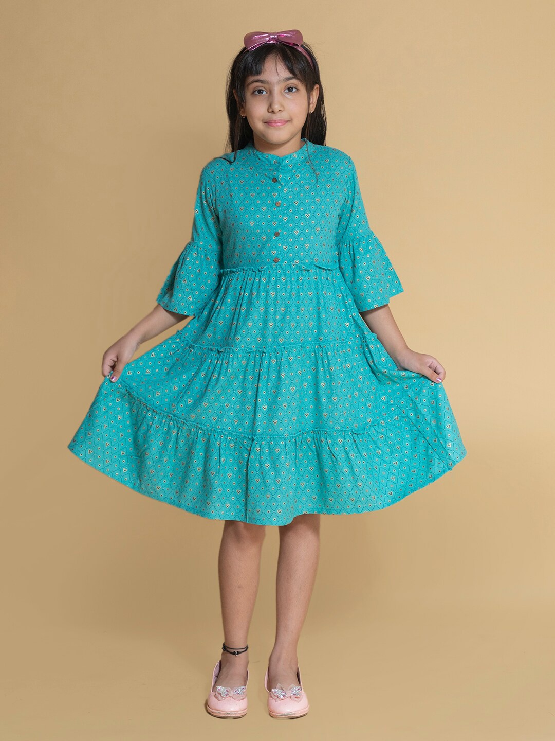 

BAESD Girls Ethnic Motifs Printed Bell Sleeve Fit & Flare Dress, Turquoise blue