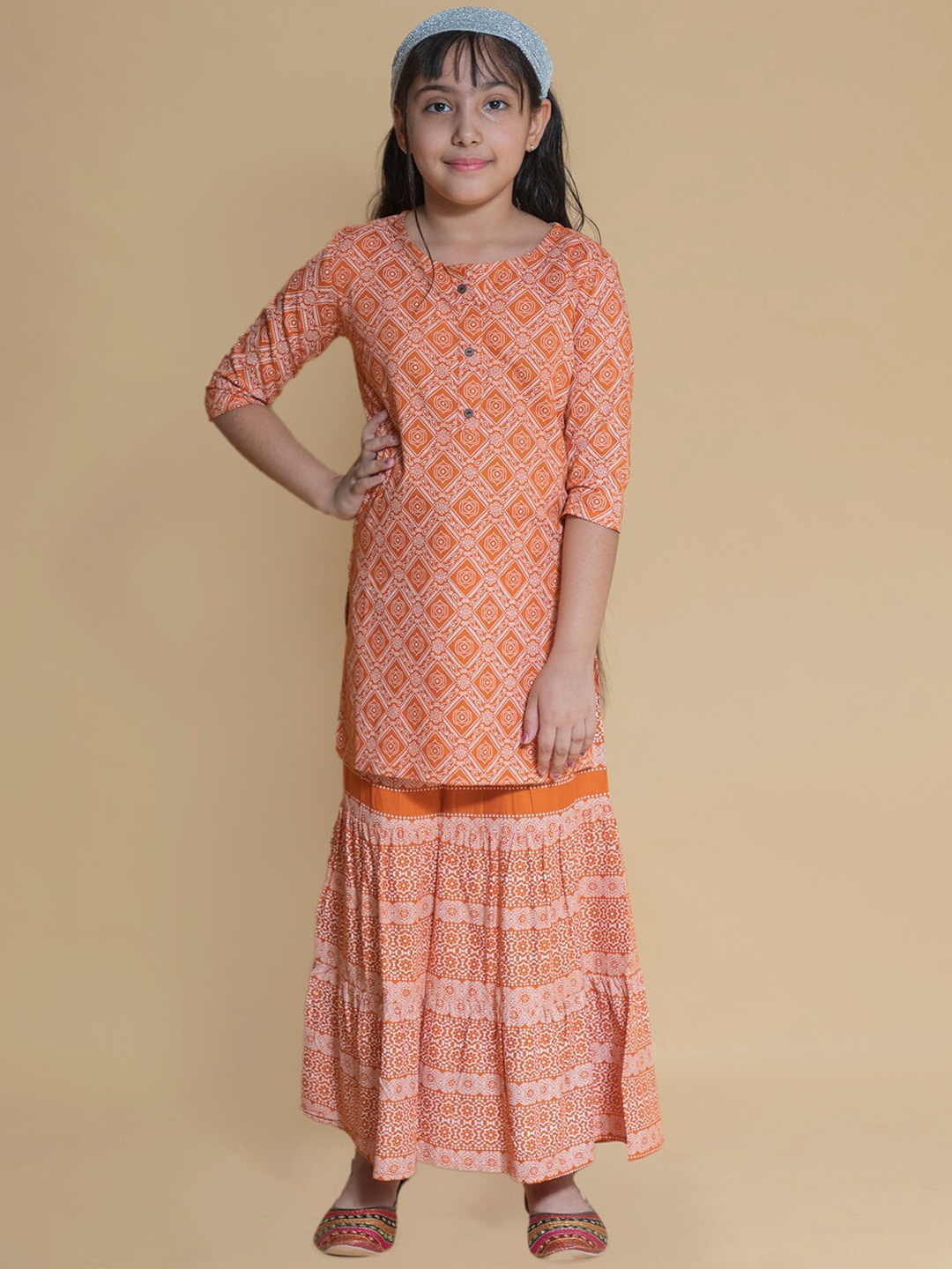 

BAESD Girls Ethnic Motifs Printed Kurta With Skirt, Orange