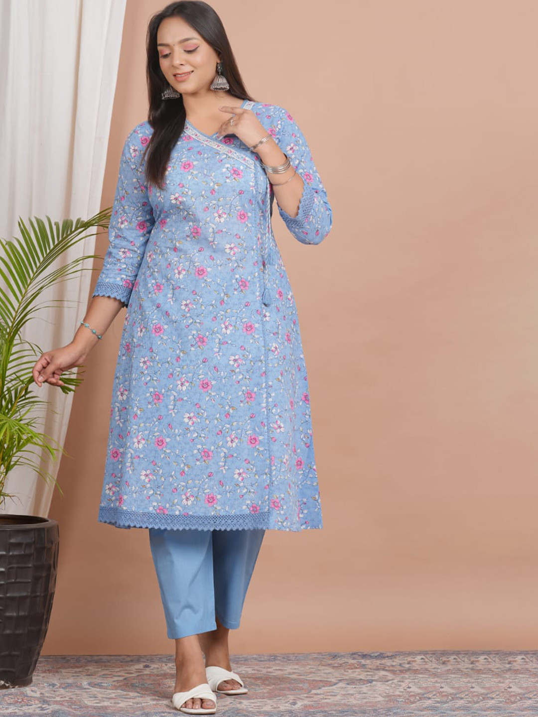 

Advya Floral Printed V-Neck Angrakha Thread Work Pure Cotton A-Line Kurta with Trousers, Blue